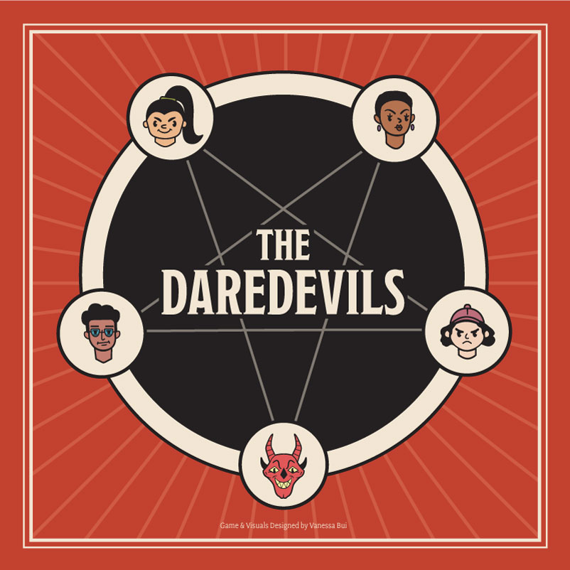 Front facing artwork of board game box titled The Daredevils in a cult circle surrounded of five playable characters. 